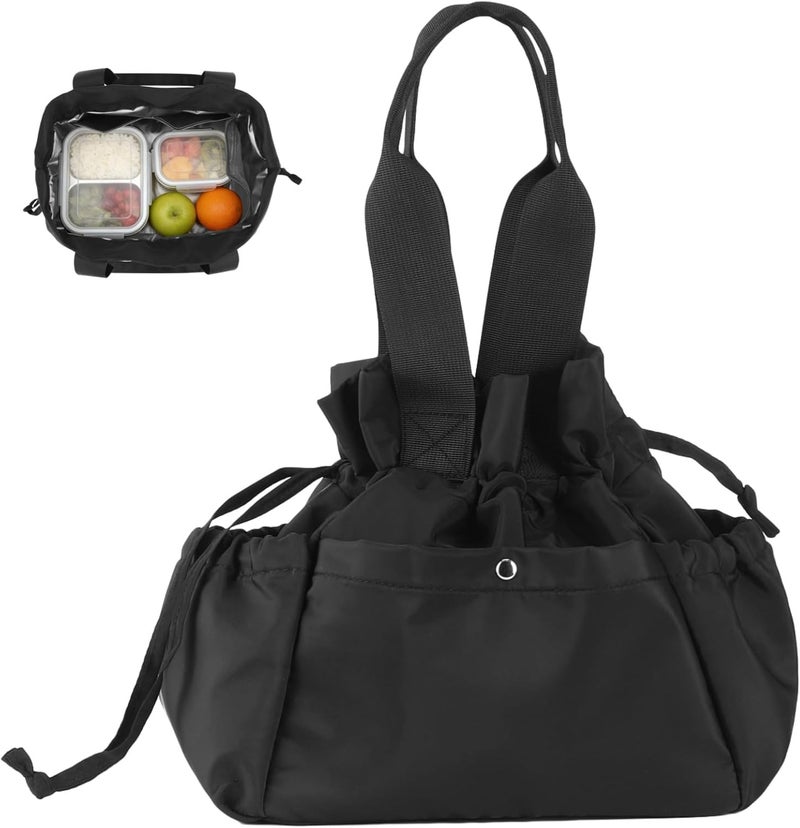 Insulated Lunch Bag for Women, Large Capacity Lunch Tote with 6 Pockets and Handle, Reusable Drawstring Style for Work Picnic Travel Beach Office, 9 x 7.5 x 10 in - Image 1