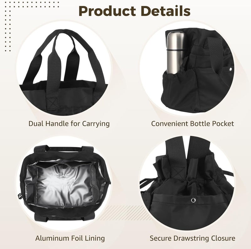 Insulated Lunch Bag for Women, Large Capacity Lunch Tote with 6 Pockets and Handle, Reusable Drawstring Style for Work Picnic Travel Beach Office, 9 x 7.5 x 10 in - Image 3