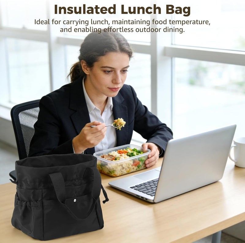 Insulated Lunch Bag for Women, Large Capacity Lunch Tote with 6 Pockets and Handle, Reusable Drawstring Style for Work Picnic Travel Beach Office, 9 x 7.5 x 10 in - Image 2