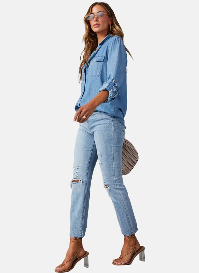 YUNIQEE Blue Regular Fit Spread Collar Long Sleeves Shirts