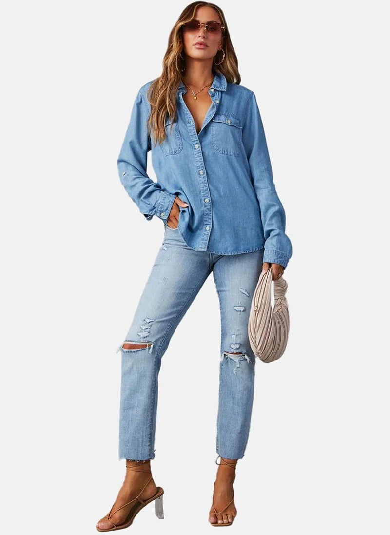 YUNIQEE Blue Regular Fit Spread Collar Long Sleeves Shirts