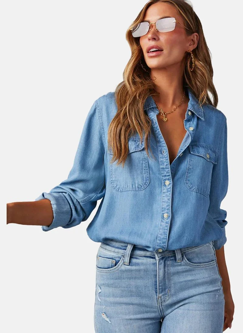 YUNIQEE Blue Regular Fit Spread Collar Long Sleeves Shirts