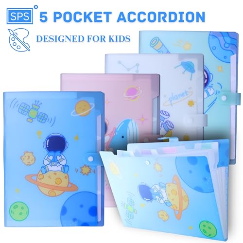 SPS A4 Expanding File Folder – Pack of 4 | Space Theme | 5 Pockets | Pastel Colors – Blue, White, Green, Pink | Snap Button Closure | Fits A4 & Letter Size | Fun & Kid-Friendly - Image 3