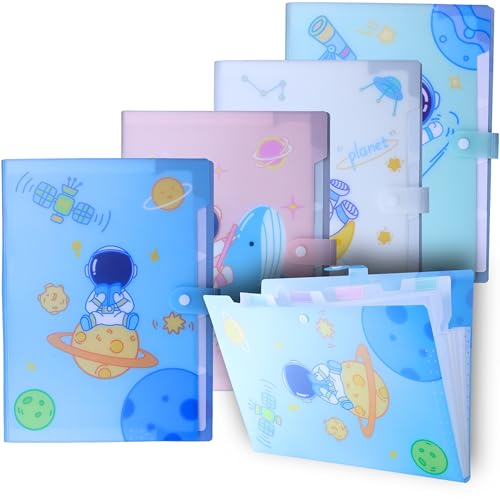 SPS A4 Expanding File Folder – Pack of 4 | Space Theme | 5 Pockets | Pastel Colors – Blue, White, Green, Pink | Snap Button Closure | Fits A4 & Letter Size | Fun & Kid-Friendly - Image 1