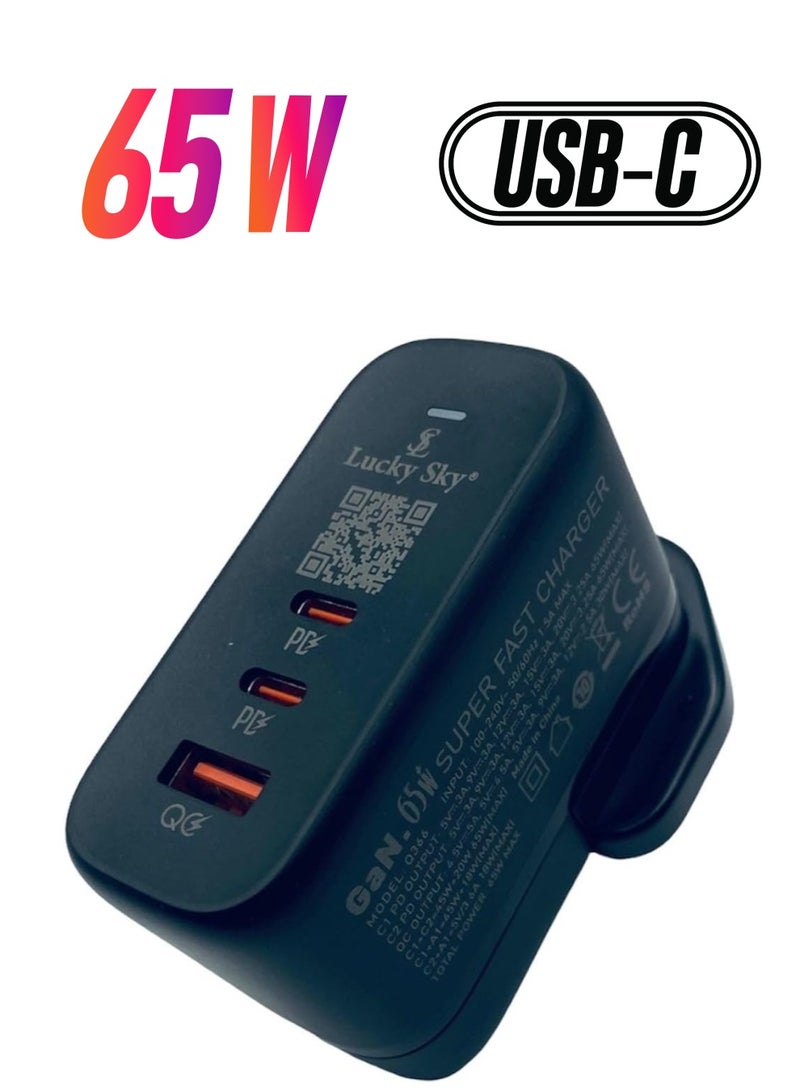 Lucky Sky 3 Ports USB C GaN Charger with UK, EU, US Plug Type C PD 65W QC 3.0 Fast Wall Mains Power Delivery Adapter for Laptops and Mobile Phone. - Image 1