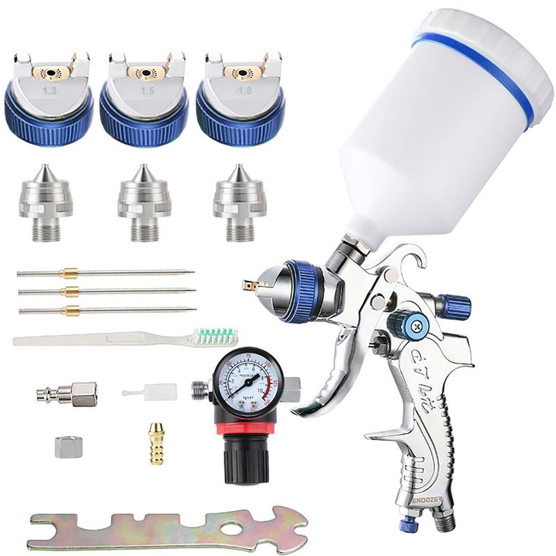 ENDOZER Professional HVLP Spray Gun Set Gravity Feed Air Spray Gun with 1.3, 1.5, 1.8mm Nozzles 20oz 600cc with Gauge for Auto Paint, Primer, Clear/Top Coat & Touch-Up (Not Suitable for Latex Paint) - Image 1