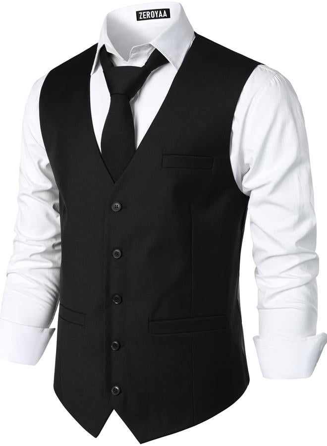 ZEROYAA Men's Hipster Urban Design 3 Pockets Business Formal Dress Vest for Suit Tuxedo, Zlsv16-black, L - Image 2