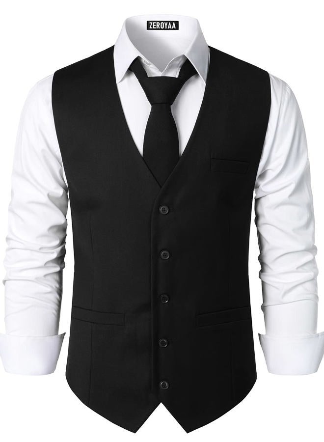 ZEROYAA Men's Hipster Urban Design 3 Pockets Business Formal Dress Vest for Suit Tuxedo, Zlsv16-black, L - Image 1