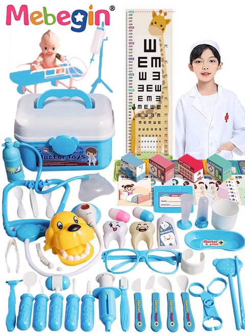 65 قطعة مجموعة أدوات طبيب الأطفال الوردية ، ألعاب تمثيلية مع سماعة الطبيب العاملة وحقيبة حمل المعطف للعب الأدوار الطبية لعبة تعليمية للأولاد والبنات من عمر 3 سنوات فما فوق أزرق