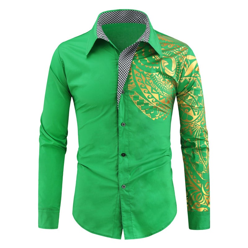ebay2021 New Men's Fashion Slim Shirt Creative Totem Bronzing Printed Long Sleeve Shirt - Image 1