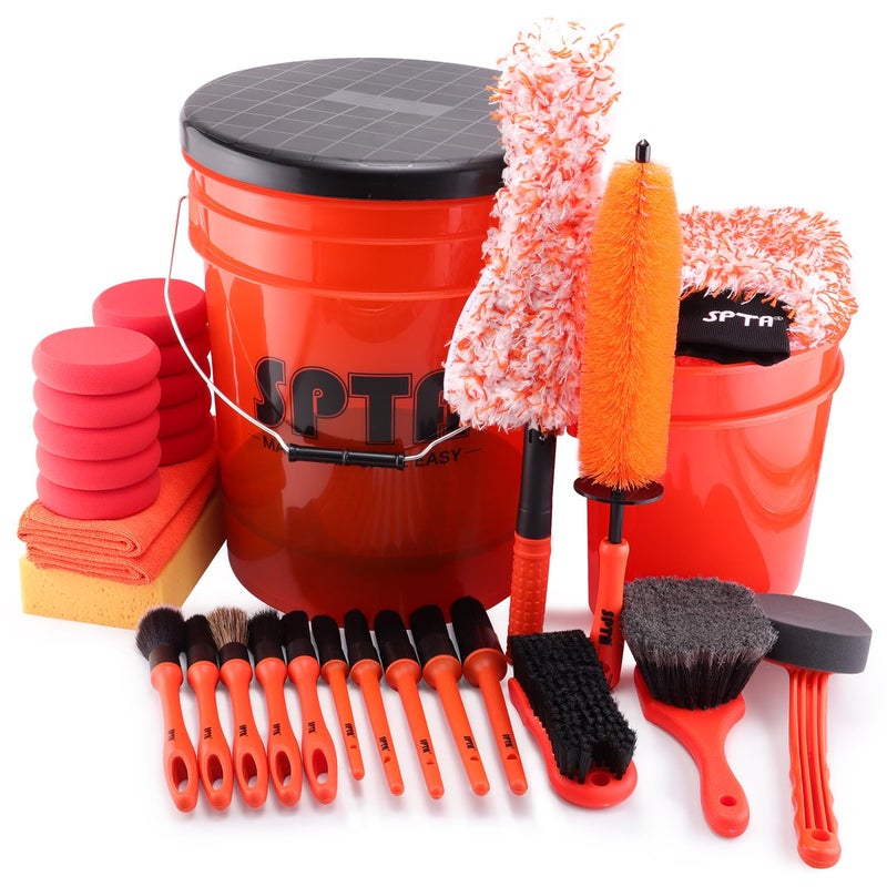 SPTA 33Pcs Car Wash Bucket Set, 20L Scratch Free Detailing Bucket with Car Wash Filter Wash Mitt Sponge Towels Tire Detailing Brush Set, Exterior Interior Car Detailing Set, Complete Car Care Tools - Image 1
