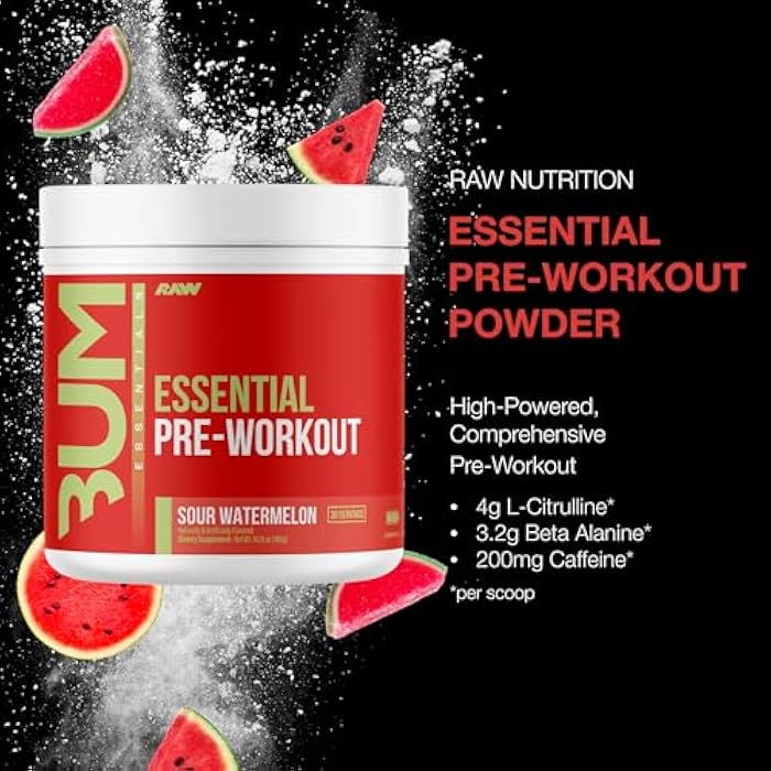 RAW Essential Pre-Workout Powder (Sour Watermelon) - Chris Bumstead Sports Nutrition Supplement for Men & Women - Preworkout Energy Powder with Caffeine, L-Citrulline, L-Tyrosine, & Beta Alanine Blend - Image 2