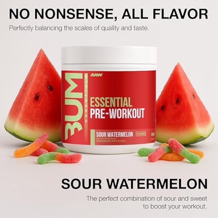 RAW Essential Pre-Workout Powder (Sour Watermelon) - Chris Bumstead Sports Nutrition Supplement for Men & Women - Preworkout Energy Powder with Caffeine, L-Citrulline, L-Tyrosine, & Beta Alanine Blend - Image 3