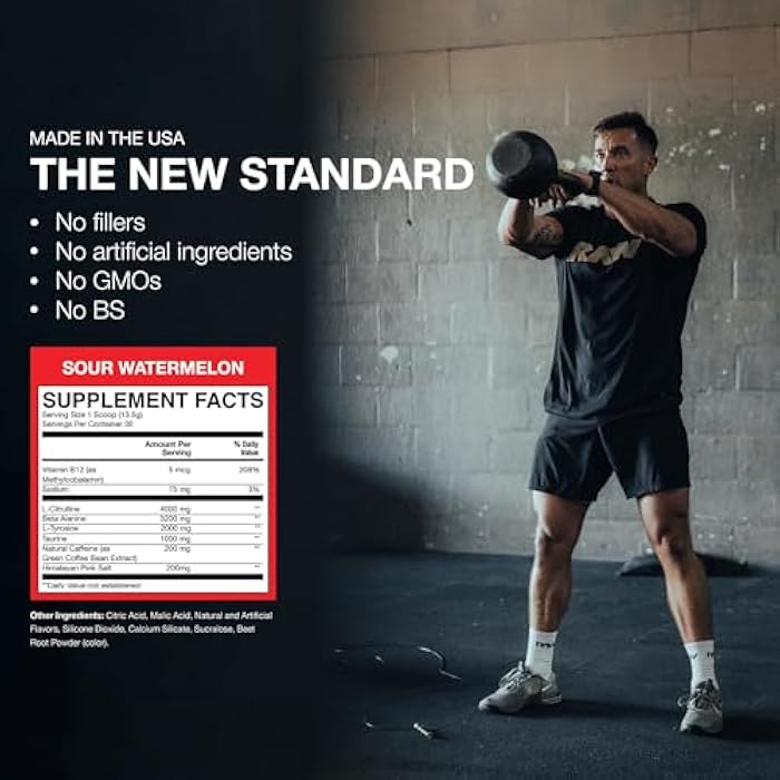 RAW Essential Pre-Workout Powder (Sour Watermelon) - Chris Bumstead Sports Nutrition Supplement for Men & Women - Preworkout Energy Powder with Caffeine, L-Citrulline, L-Tyrosine, & Beta Alanine Blend - Image 4