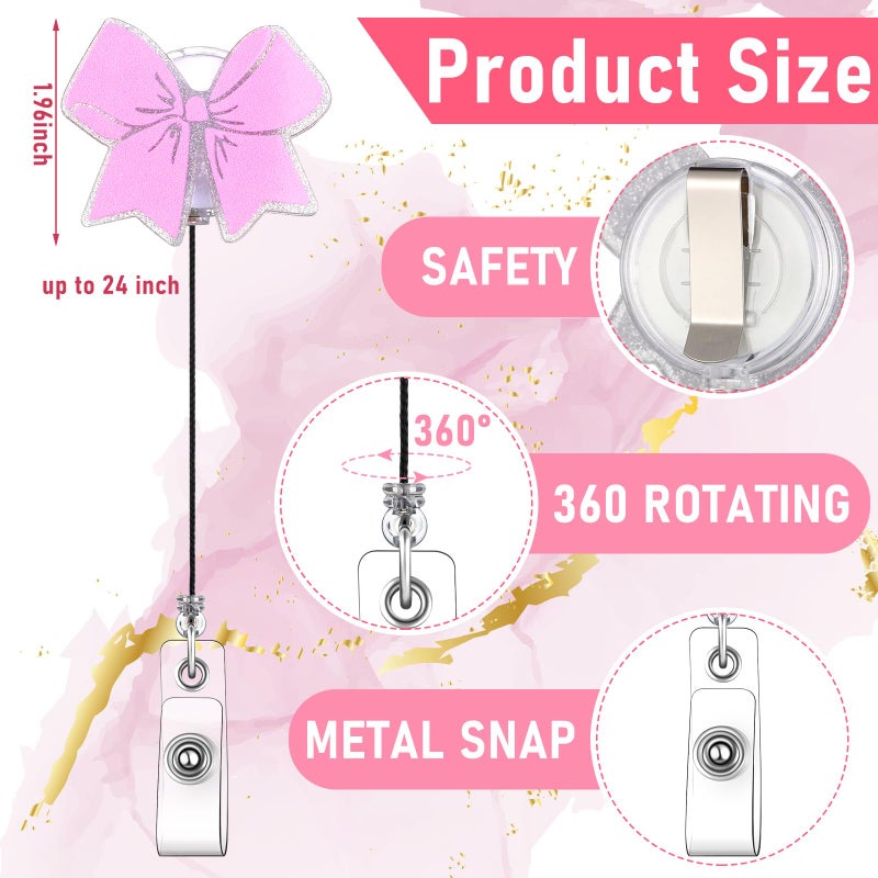 Knitgrip 8 Pcs Coquette Pink Bow Badge Reel Retractable Badge Reel for ID Card Cute Alligator Clip Accessories for Nurse Medical Worker Office School Teacher(Bow Theme,Acrylic) - Image 2