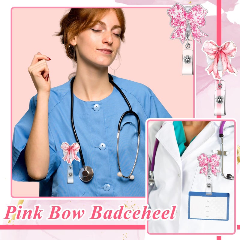 Knitgrip 8 Pcs Coquette Pink Bow Badge Reel Retractable Badge Reel for ID Card Cute Alligator Clip Accessories for Nurse Medical Worker Office School Teacher(Bow Theme,Acrylic) - Image 5