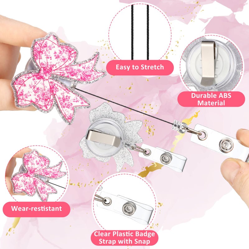 Knitgrip 8 Pcs Coquette Pink Bow Badge Reel Retractable Badge Reel for ID Card Cute Alligator Clip Accessories for Nurse Medical Worker Office School Teacher(Bow Theme,Acrylic) - Image 3