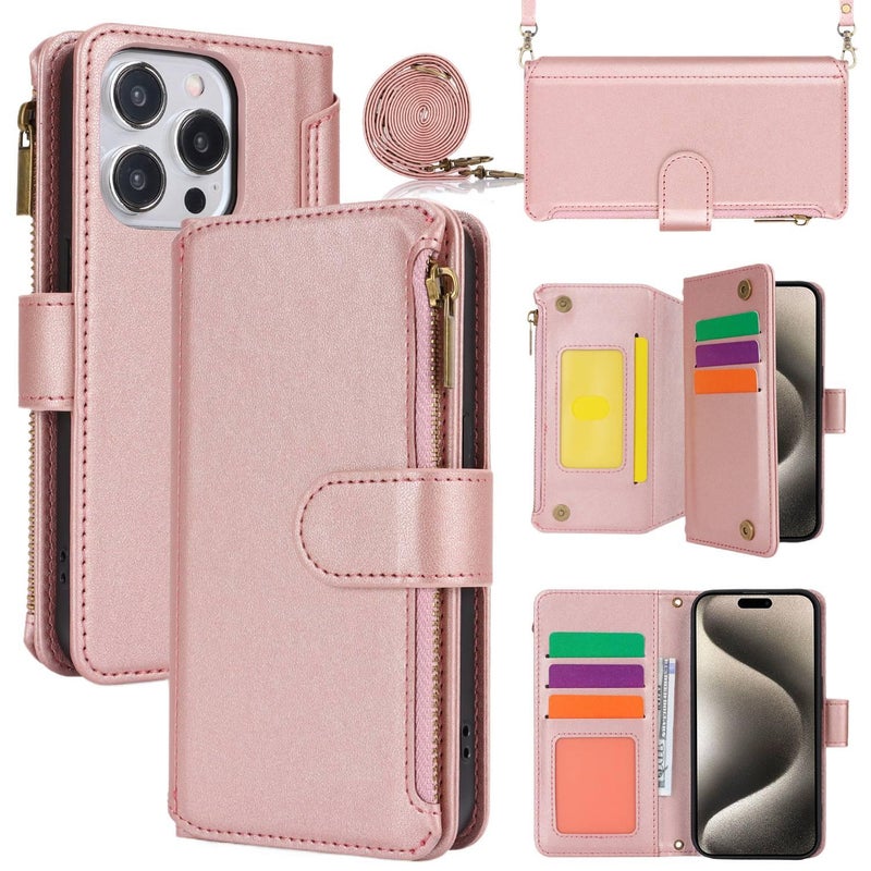 غطاء واقي | حامل بطاقات | إغلاق بسحاب | لـ iPhone 11 | ذهبي وردي - Image 1
