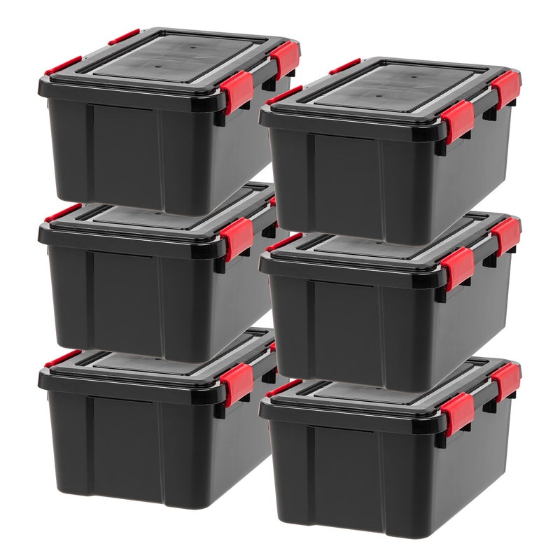 IRIS USA WeatherPro 19 Qt Storage Bins with Lids 6 Pack BPAFree Plastic Gasket Box with Tight Latch and Seal Stackable Nestable Tote Tub  BlackRed