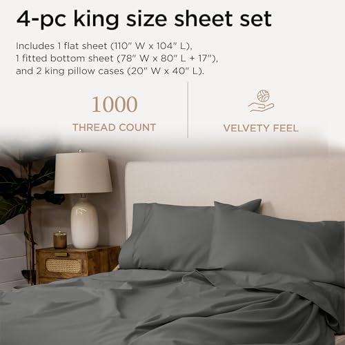 Threadmill Supima Cotton Sheets, 1000 Thread Count King Size, 4 Pc Luxury Bed Sheets Set, Hotel Quality Sateen Weave, Dark Grey with Elasticized Deep Pocket - Image 2