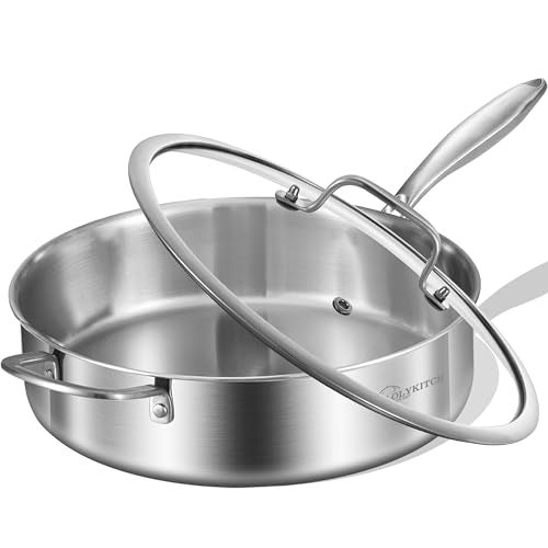 LOLYKITCH LOLYKITCH Whole Body TriPly Stainless Steel 55 QT Saut Pan with Lid12 Inch Deep Frying PanJumbo CookerDishwasher and Oven SafeDetachable Handle 