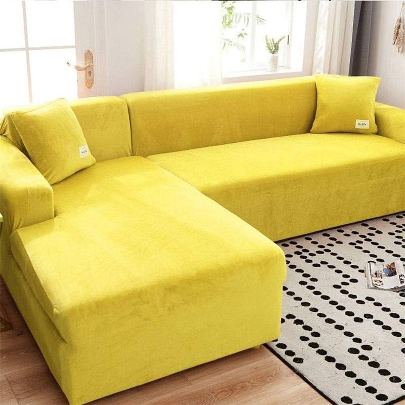 LINGKY Velvet Plush Sofa Cover - Yellow - Image 1