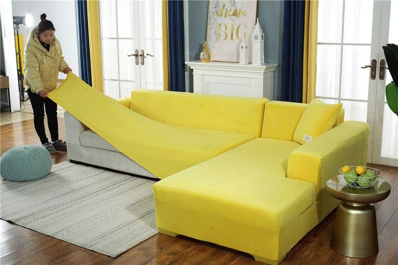 LINGKY Velvet Plush Sofa Cover - Yellow - Image 3