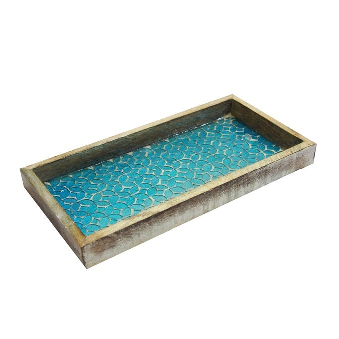 NU STEEL MOSAIC TRAY FOR LUXURIOUS BATH COUNTERTOP HOLDER FOR GUEST HAND TOWEL WATCH EARRING MAKEUP BRUSH READING GLASS PERFUME JEWELRY PERFECT FOR KITCHEN COUNTERS BATHROOMS AQUA MOSAIC