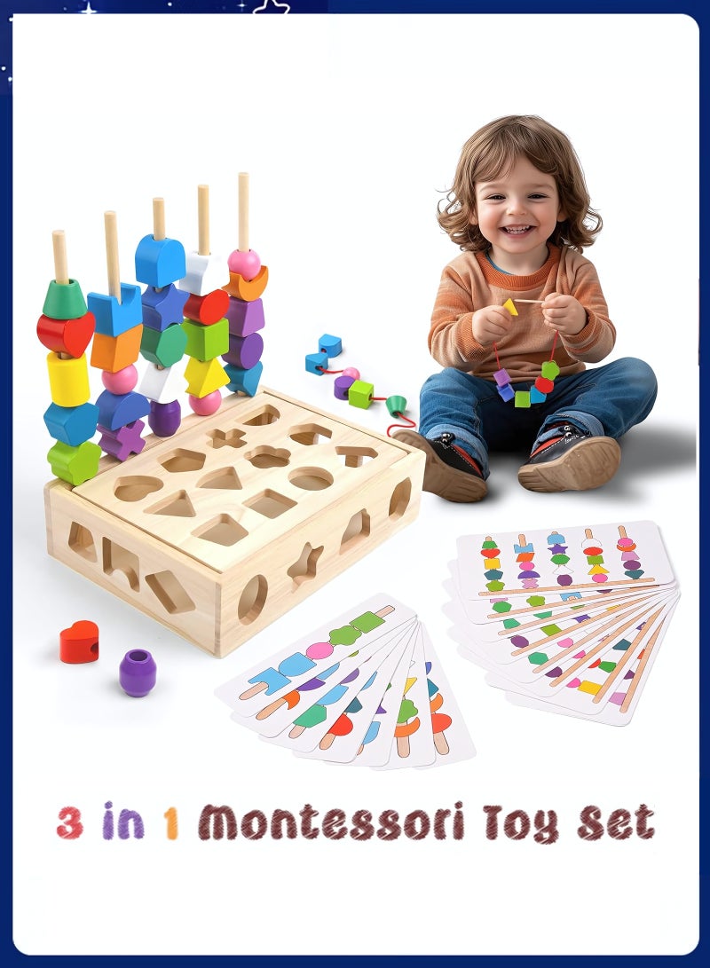 3 in 1 Stacking Toy Set,  Wooden Sequencing Blocks Lacing Beads Shape Sorter, Preschool Learning Educational Montessori Toys for Toddlers, Fine Motor Skills Learning Toys for Kids Age 3+ - Image 1