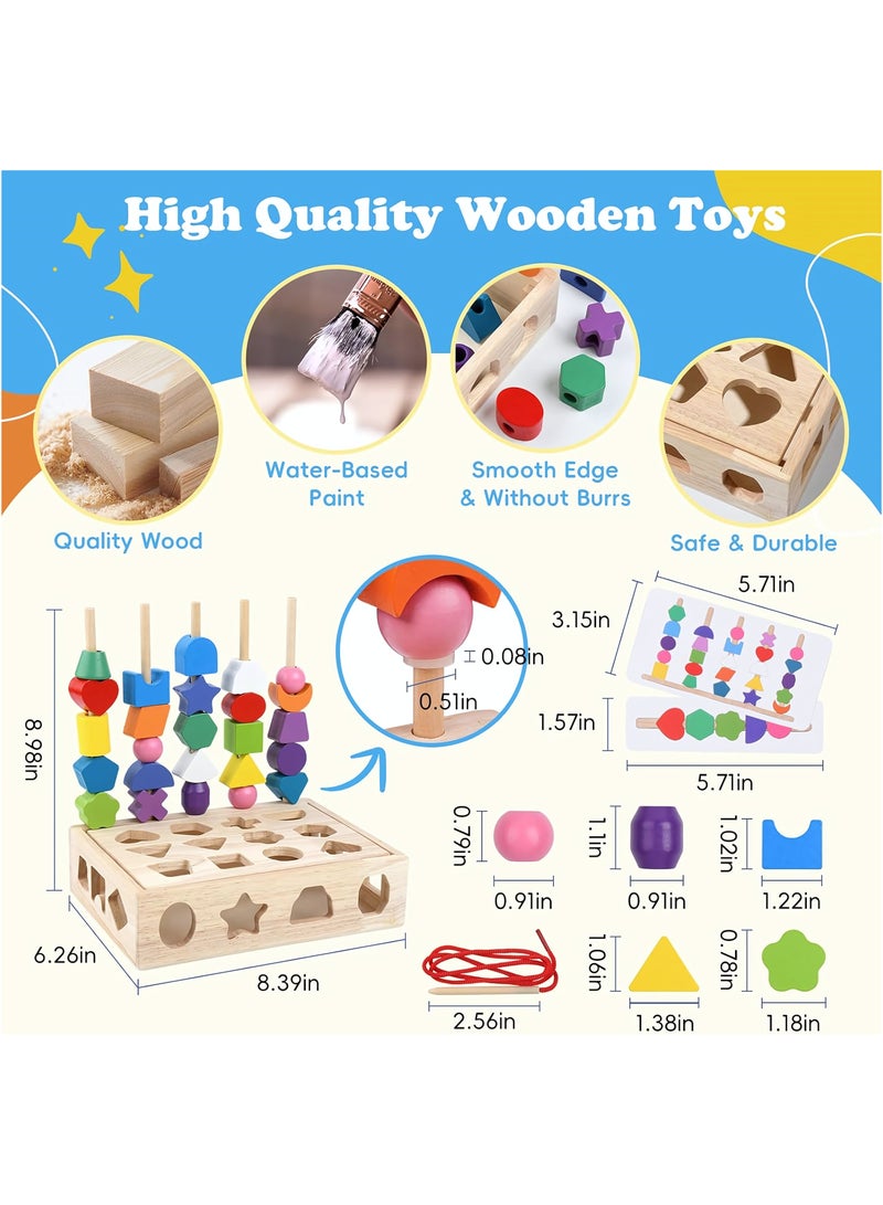 3 in 1 Stacking Toy Set,  Wooden Sequencing Blocks Lacing Beads Shape Sorter, Preschool Learning Educational Montessori Toys for Toddlers, Fine Motor Skills Learning Toys for Kids Age 3+ - Image 2