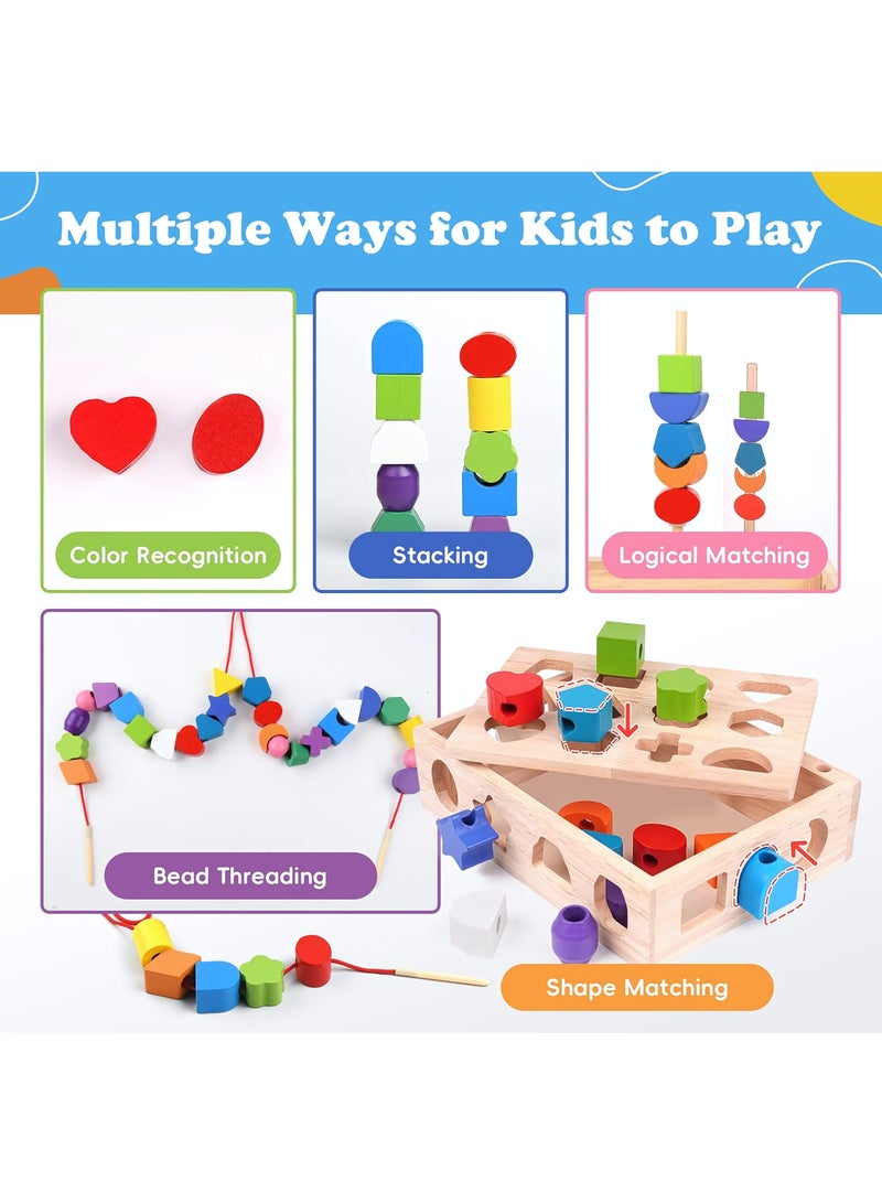 3 in 1 Stacking Toy Set,  Wooden Sequencing Blocks Lacing Beads Shape Sorter, Preschool Learning Educational Montessori Toys for Toddlers, Fine Motor Skills Learning Toys for Kids Age 3+ - Image 3