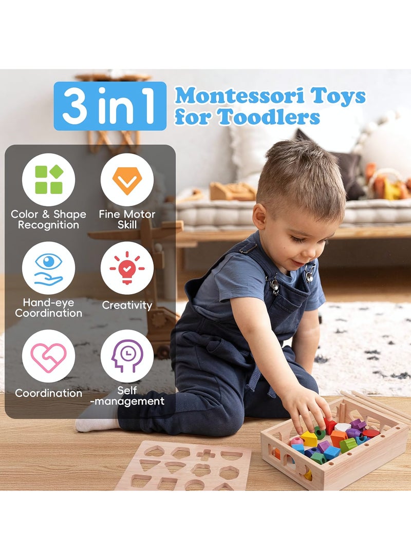 3 in 1 Stacking Toy Set,  Wooden Sequencing Blocks Lacing Beads Shape Sorter, Preschool Learning Educational Montessori Toys for Toddlers, Fine Motor Skills Learning Toys for Kids Age 3+ - Image 4