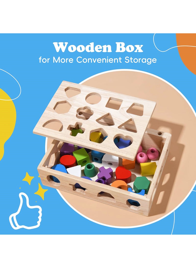 3 in 1 Stacking Toy Set,  Wooden Sequencing Blocks Lacing Beads Shape Sorter, Preschool Learning Educational Montessori Toys for Toddlers, Fine Motor Skills Learning Toys for Kids Age 3+ - Image 5