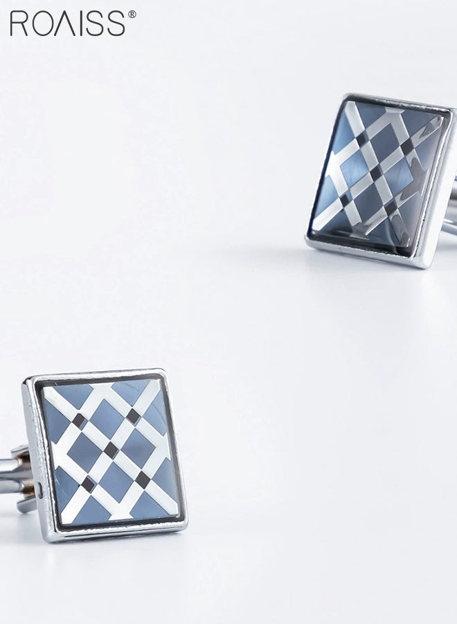 رويس طقم أزرار أكمام وربطات عنق فضية معدنية بتصميم هندسي أزرق أنيق للرجال، مناسب للارتداء الرسمي، وربطات العنق، وأزرار الأكمام اللامعة البسيطة. مناسب للرجال في المناسبات الرسمية، وحفلات الزفاف. - Image 5