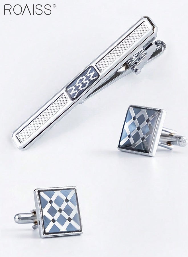 رويس طقم أزرار أكمام وربطات عنق فضية معدنية بتصميم هندسي أزرق أنيق للرجال، مناسب للارتداء الرسمي، وربطات العنق، وأزرار الأكمام اللامعة البسيطة. مناسب للرجال في المناسبات الرسمية، وحفلات الزفاف. - Image 3