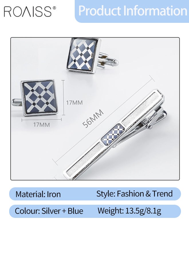 رويس طقم أزرار أكمام وربطات عنق فضية معدنية بتصميم هندسي أزرق أنيق للرجال، مناسب للارتداء الرسمي، وربطات العنق، وأزرار الأكمام اللامعة البسيطة. مناسب للرجال في المناسبات الرسمية، وحفلات الزفاف. - Image 2