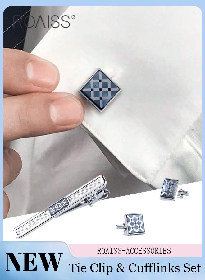 رويس طقم أزرار أكمام وربطات عنق فضية معدنية بتصميم هندسي أزرق أنيق للرجال، مناسب للارتداء الرسمي، وربطات العنق، وأزرار الأكمام اللامعة البسيطة. مناسب للرجال في المناسبات الرسمية، وحفلات الزفاف. - Image 1