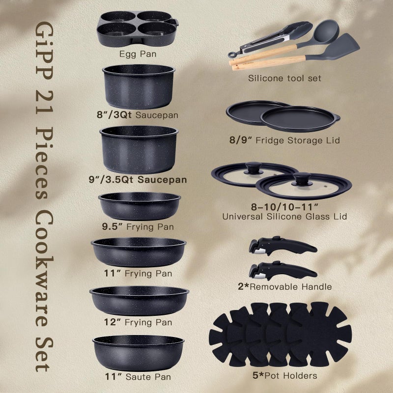GiPP Ceramic Pots and Pans Set Non Stick, Nonstick Detachable Handle Cookware Sets, Healthy Non Toxic PFAS PFOA & PTFE Free, Dishwasher ï¼†Oven Safe, Induction Kitchen Pot and Pan, 21 Piece Grey - Image 2