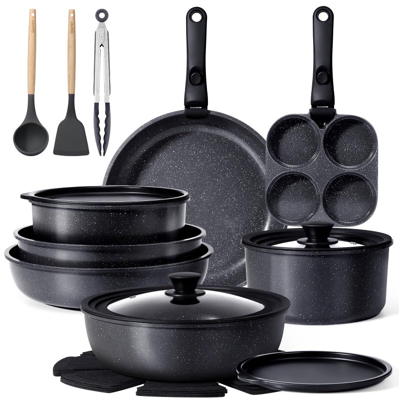 GiPP Ceramic Pots and Pans Set Non Stick, Nonstick Detachable Handle Cookware Sets, Healthy Non Toxic PFAS PFOA & PTFE Free, Dishwasher ï¼†Oven Safe, Induction Kitchen Pot and Pan, 21 Piece Grey - Image 1