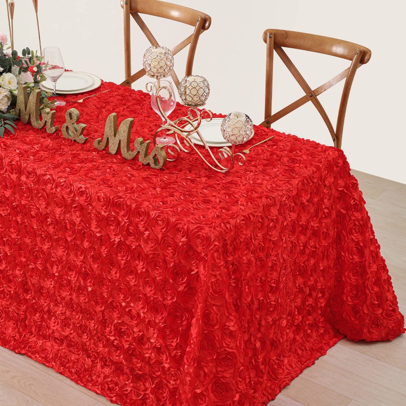 Red Rosette Tablecloth Rectangle Elegant Table Cover 90x132Inches Rosette Florals Satin Line for Wedding Party Table Decor
