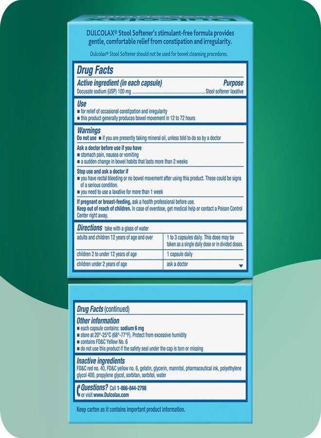 Dulcolax Stool Softener Laxative Liquid Gel Capsules, Gentle Constipation Relief for Hard, Dry Stools, Docusate Sodium 100 mg, 100 Count, 2 pk - Image 3