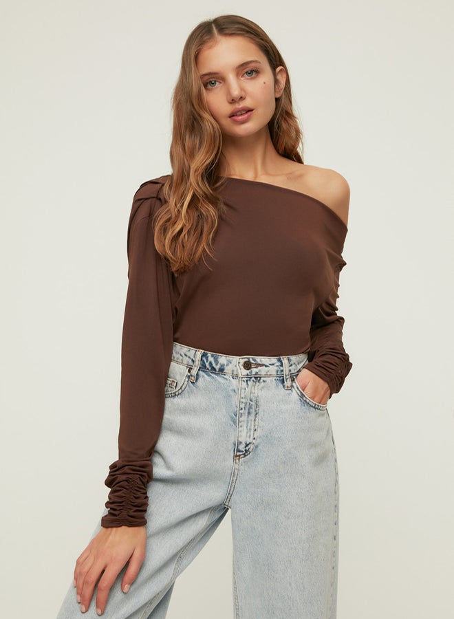 trendyol Brown Asymmetric Collar Flowy Flexible Knitted Blouse - Image 1