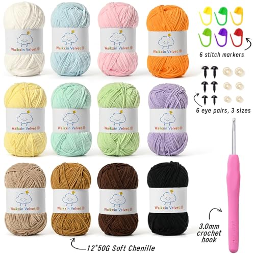 Waikxin 12 Pack Fluffy Chenille Yarn for Crocheting, Baby Yarn for Crocheting Soft, 1902yds/21oz Fingering Weight Crochet Amigurumi Yarn, Velvet Yarns for Crochet Baby Blanket&DIY Crafts.(Set A) - Image 2