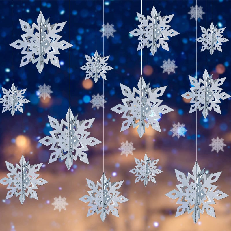MIAHART Christmas Hanging Snowflake Decorations 12 Pack 3D Silver Snowflake Hanging Garland Large Silver Snowflakes for Christmas Winter Holiday New Year Birthday Party Home Decor