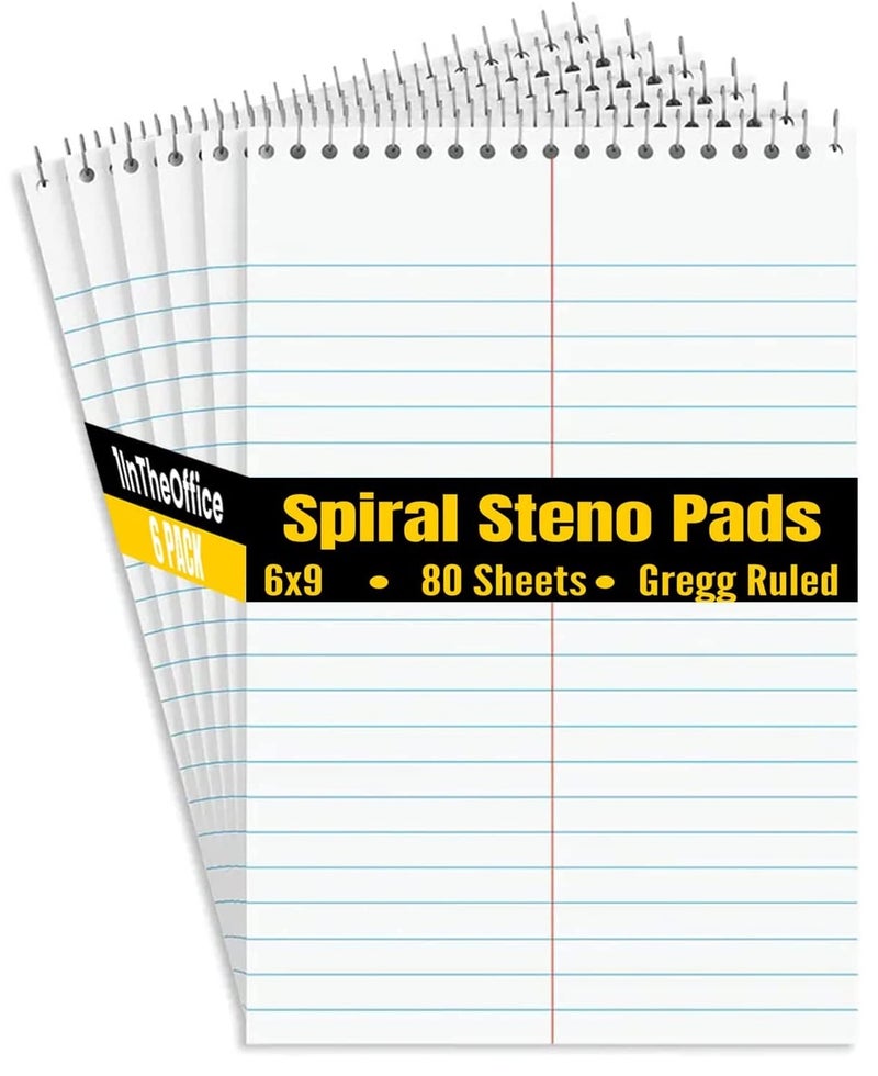 1InTheOffice Steno Pads Spiral 6x9, Top Spiral Note Pads White Gregg Ruled, 80 Sheets, 6 Packs - Image 1