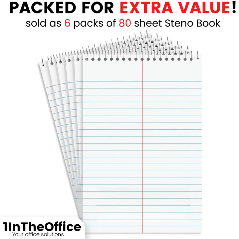 1InTheOffice Steno Pads Spiral 6x9, Top Spiral Note Pads White Gregg Ruled, 80 Sheets, 6 Packs - Image 2