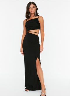 Black Piping Detailed Long Evening Dress TPRSS22AE0047