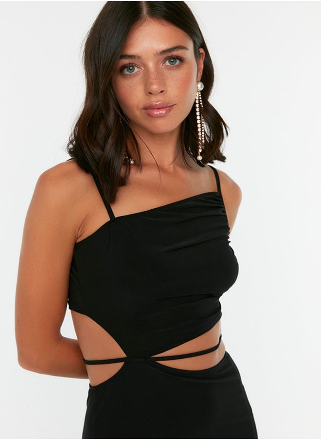 trendyol - Black Piping Detailed Long Evening Dress TPRSS22AE0047 - Image 1