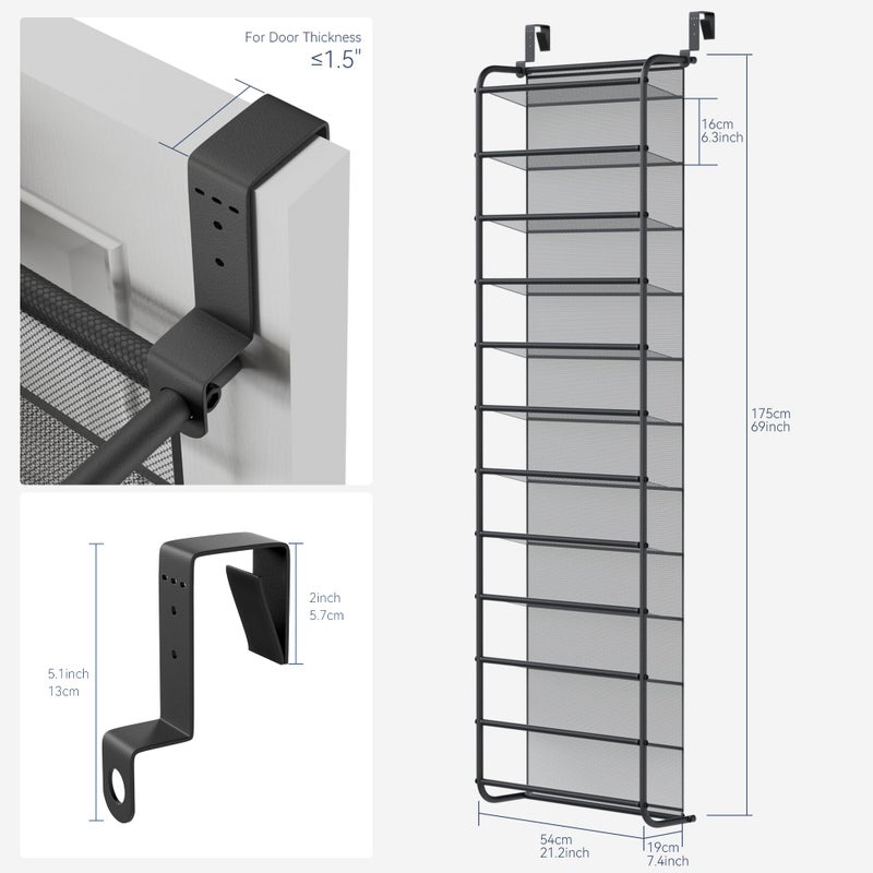 Whitmor 36 Pair Over The Door Shoe Organizer, 12 Tier Hanging Shoe Organizer, Heavy Duty Metal & Mesh Shoe Holder, Hanging Shoe Rack for Closet Organizer, 69"L x 21.7"W x 7.5"H, Matt Gunmetal - Image 2