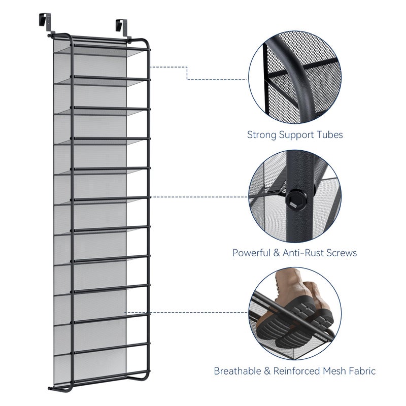 Whitmor 36 Pair Over The Door Shoe Organizer, 12 Tier Hanging Shoe Organizer, Heavy Duty Metal & Mesh Shoe Holder, Hanging Shoe Rack for Closet Organizer, 69"L x 21.7"W x 7.5"H, Matt Gunmetal - Image 4